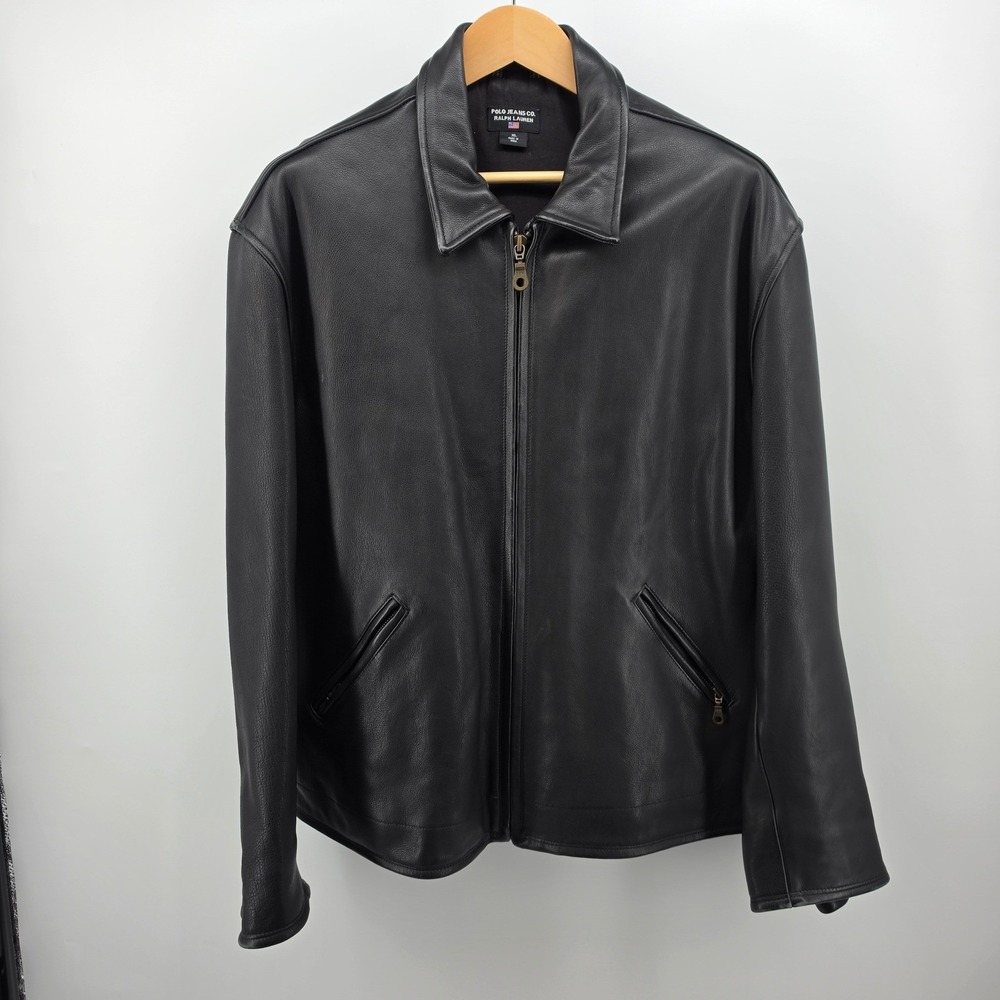 Polo Jeans Co Ralph Lauren Mens XL Heavy Black Leather Full Zip Jacket